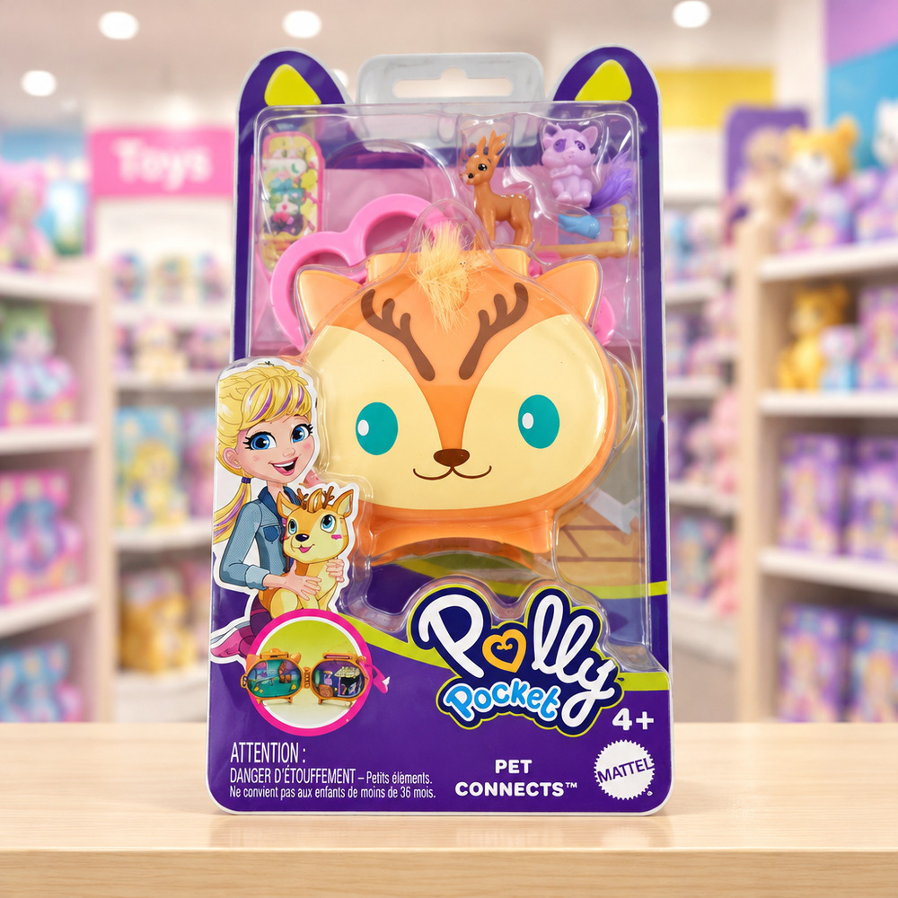 NIP Polly Pocket Pet Connects Compact Playset Deer & Raccoon heart-shaped clip